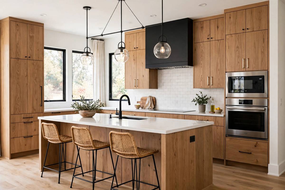 Modern custom kitchen remodel with wood cabinets and island