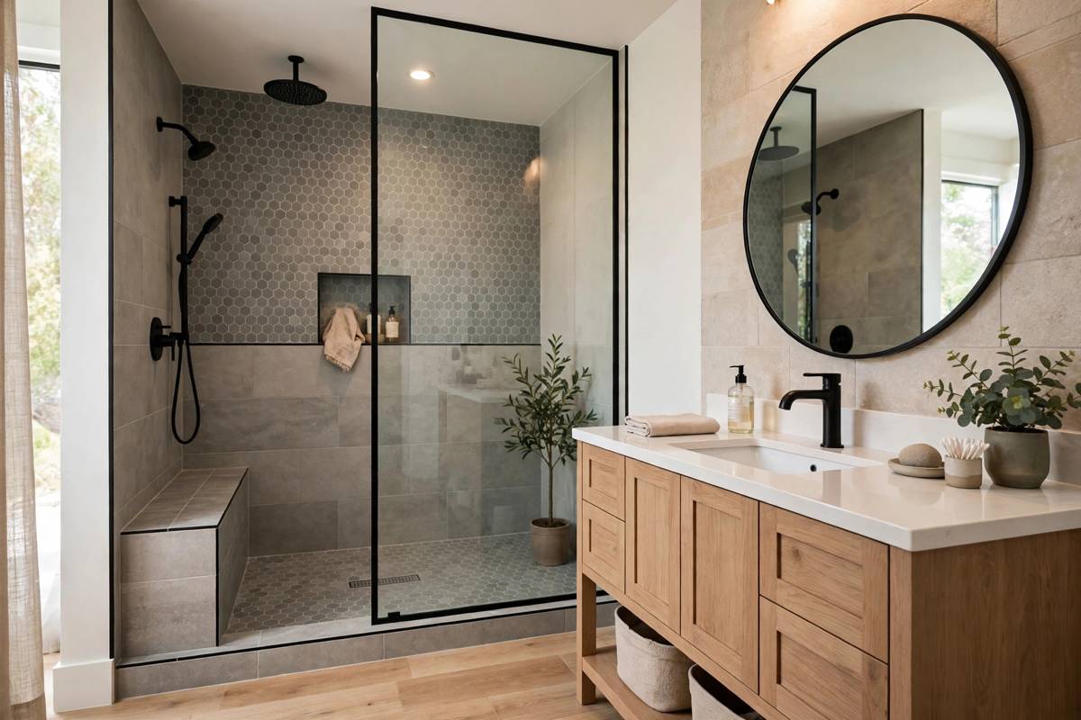 Modern bathroom remodel with glass walk-in shower and wood vanity